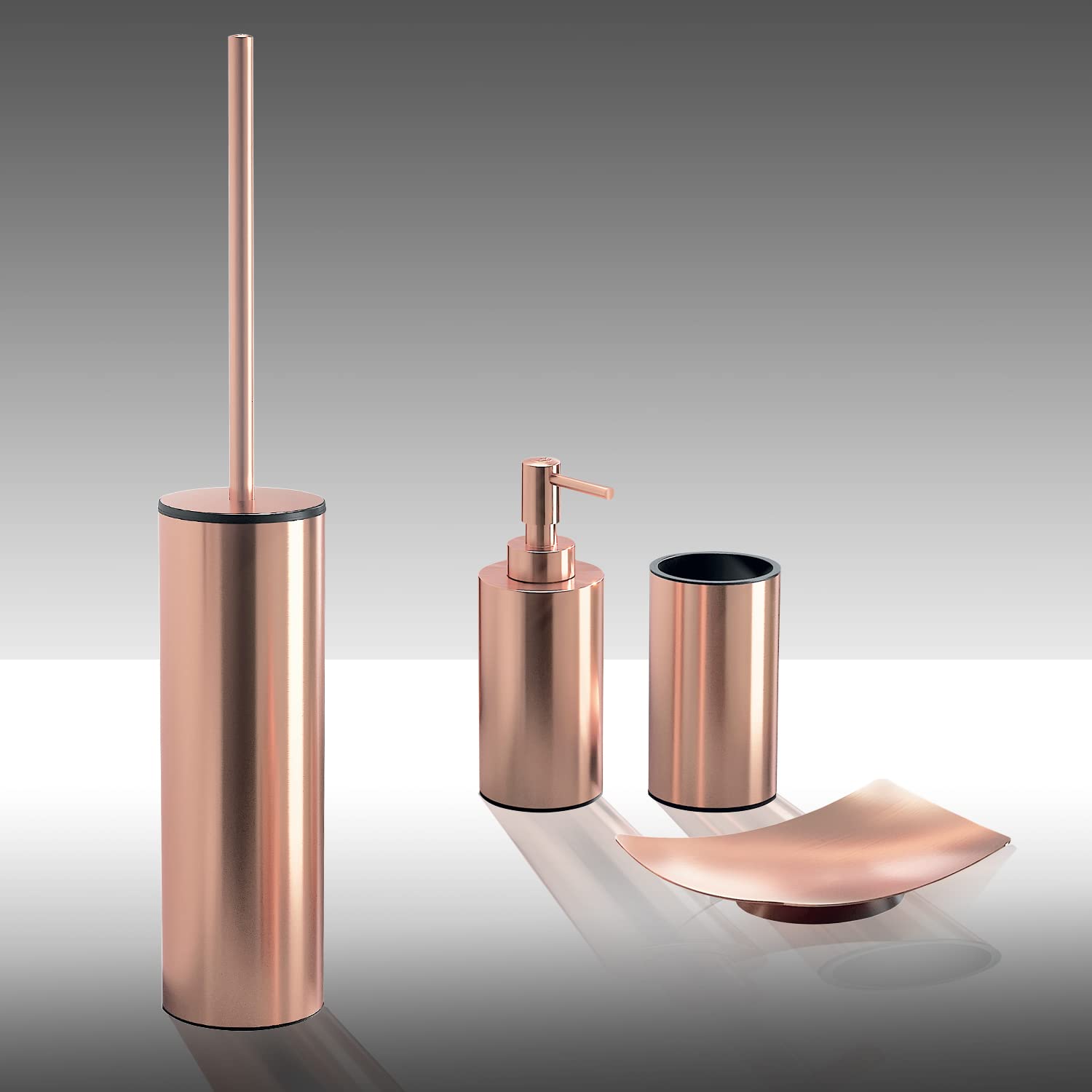 GEDY | Set Elettra 4 pièces, 1 Porte-Savon ; 1 Brosse WC ; 1 Distributeur de Savon et 1 Porte-Brosse à Dents, série fabriquée en Acier Inoxydable, Couleur Or Rose