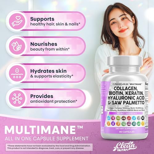 Clean Nutraceuticals Collagen Pills 1000mg Biotin 10000mcg Keratin Saw Palmetto Hyaluronic Acid - Hair Skin & Nails Vitamins & DHT Blocker with Vitamin E Folic Acid Pumpkin Seed MSM - 90 Count - Image 6