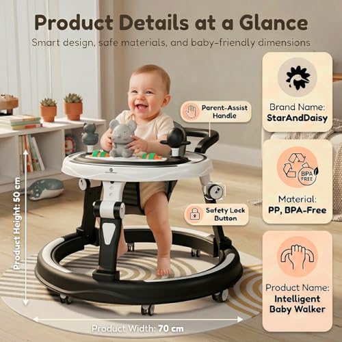 Image of StarAndDaisy 360 Baby Walker 6-24 Months / 7 Level Height Adjustment Walker for Kids Boy and Girl with Switchable Food & Musical Tray /Premium Baby Activity Walker - Black