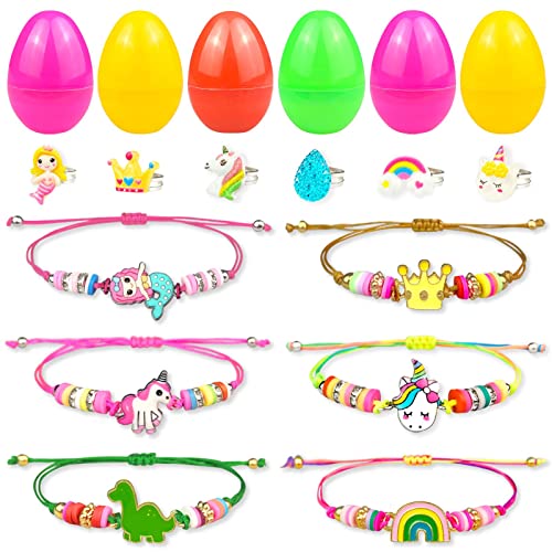 Easter Basket Stuffers for Girls Kids Prefilled Girls Easter Eggs Filled 6 Pack Eggs with Colorful Bracelet and Ring Inside Plastic Easter Eggs Stuffers Easter Toys for Kids Toddler Easter Gifts
