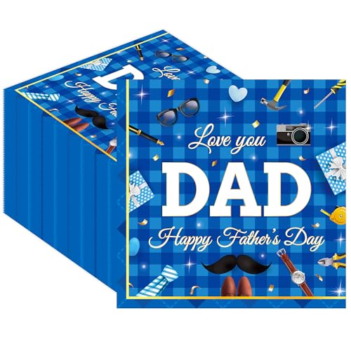 50PCS Happy Fathers Day Paper Napkins - 6.5 x 6.5 Inch Blue Love You Dad Theme Luncheon Napkins Disposable Supplies for Fathers Day Birthday Party Decorations