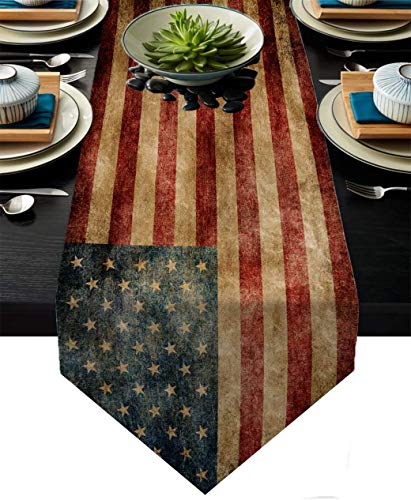 Vintage American Flag Linen Table Runner Dresser Scarves Table Setting Decoration For Dining Room, Farmhouse Kitchen, Holiday Parties 13''X 71'' (Vintage Flag, 13''X 71'') #TOP23