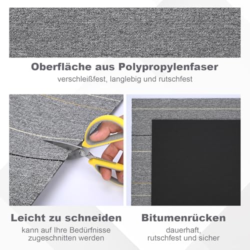 tonchean 20 Stück Teppichfliesen 50 x 50 cm Strapazierfähiger Teppichfliesen Selbstliegend Bodenfliesen Gewerbe Teppich Fliesen Rutschfest Teppichboden Bitumen Rücken für Haus und Büro, Grau (5㎡)