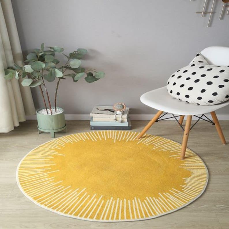 Modern Abstract Round Area Rug, Hand Tufted New Zealand Wool, Thick & Soft, Yellow, 4' (1.2m) Round (3'Round)