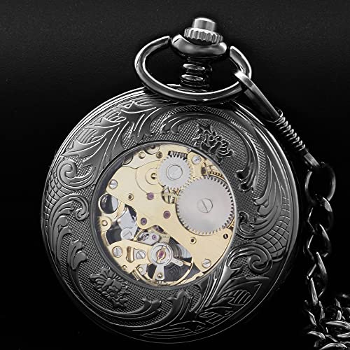 Image of Steampunk Vintage Smooth Roman Carved Case Design Mechanical Hand-Wind with Chain & Box Best Gifts