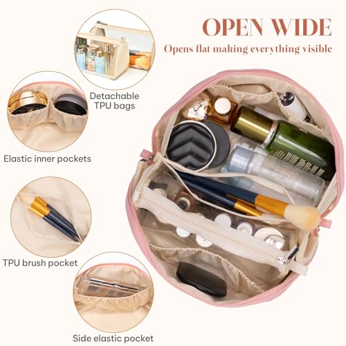 Travel Makeup Bag 3-Set, Large Capacity Cosmetic Bag - PU Leather Waterproof Toiletry Bag for Women, Wide Open Portable Make Up Organizer Bag with Handle and Divider3