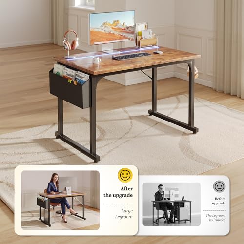 Image of DurayLoly 40 inch Computer Desk with Waterproof LED Lights,Bedroom Study Desk for Teens,Dorm Room Essentials,Headphone Hook&Storage Bag for Small Spaces,Sturdy Metal Frame,Rustic Brown