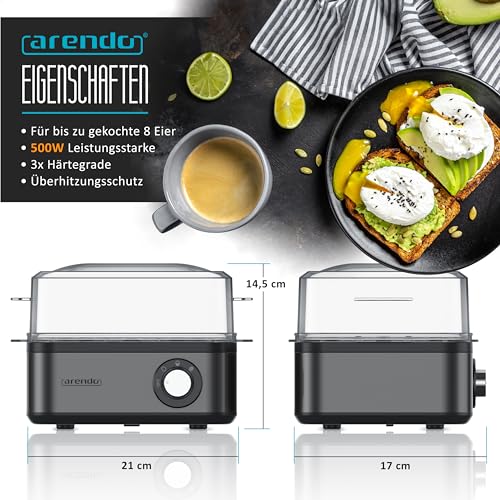 Foto von Arendo - Eierkocher Edelstahl für 1 bis 8 Eier - Egg Cooker - 500 W – Kontroll Leuchte – Drehregler für drei Härtegrade - spülmaschinengeeignet | Cool Grey