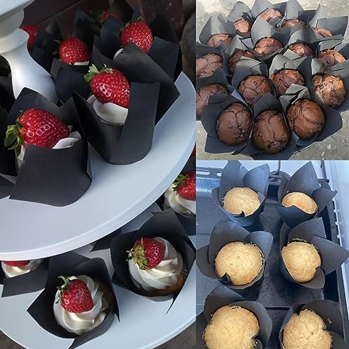 Image of 150 Pieces Tulip Cupcake Muffin Liners Paper Baking Cups Greaseproof Cupcake Wrappers for Birthday Wedding Party Baby Showers Catering Restaurants(Black)