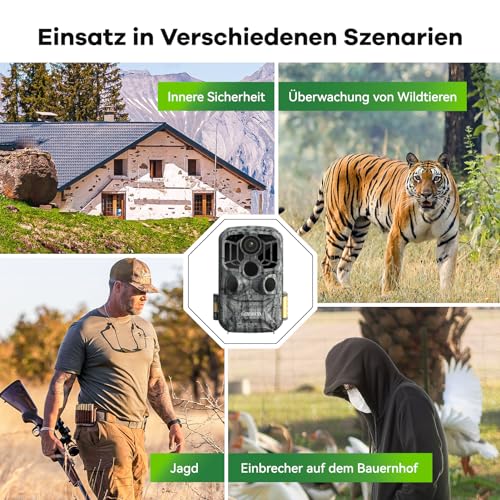 DEATTI Wildkamera mit Handyübertragung APP, 4K 48MP HD WLAN Bluetooth Wildkamera mit Bewegungsmelder Nachtsicht, 120 °Weitwinkel Wildtierkamera, IP66 Wasserdicht, 32GB SD Karte und 8*AA-Batterien