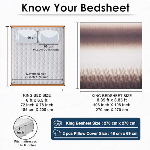 Image of Story@Home Luxe 300 TC 100% Cotton Sateen Weave Compact Yarn Bedsheet King 108 x 108 Inches Tree Soft Flat Sheet with 2 Pillow Covers 18 x 27 Inch -Brown and Beige Ombre-Gift Packaging