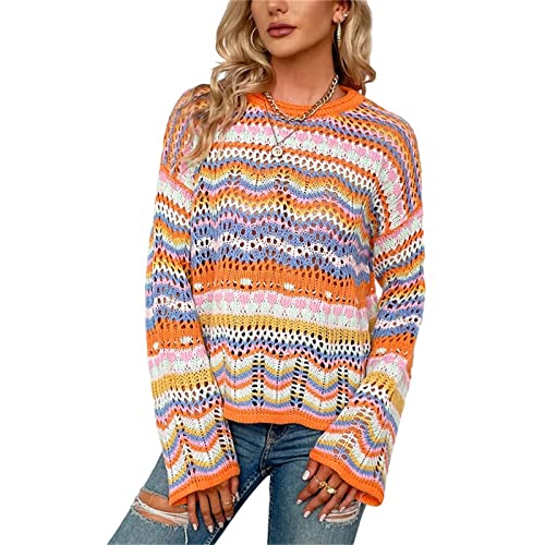 Women’s Y2K Crochet Crop Top See Through Hollow Out Sweater Pullover Long Sleeve Knit Color Block Casual Streetwear (D, M) #TOP3