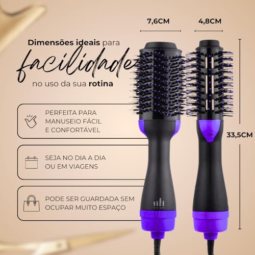 Escova Secadora e Modeladora 2 em 1 – Alisa, Seca e Modela Cabelo, 3 Níveis de Temperatura e Velocid