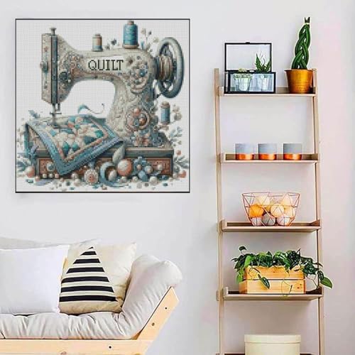 Image of Sewing Machine Stamped Cross Stitch Kits - Vintage Sewing Machine Counted Cross Stitch Kits for Adults, Needlepoint Cross-Stitch Patterns Dimensions Needlecrafts Embroidery Kits 13.7x13.7 Inches