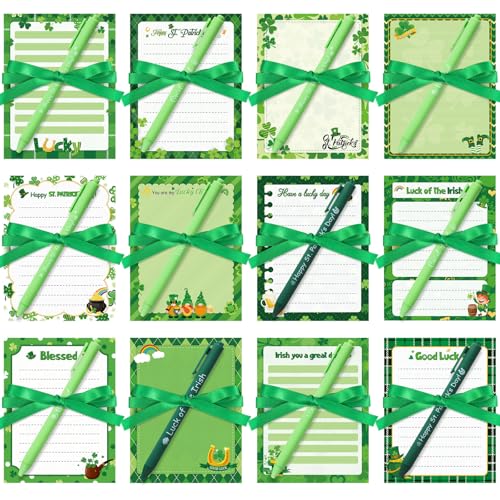 Spakon 36 Pcs St. Patrick’s Day Sticky Notes with Pen and Ribbon Shamrock Notepads and Pens Set Green Clover Self Adhesive Memo Pads for School Office Home Supplies Classroom Gift Party Favors