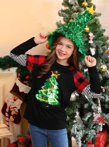 Image of BesserBay Girls Christmas Raglan Shirt Casual Leopard Stripe Patchwork Tunic Top 4-14 Years