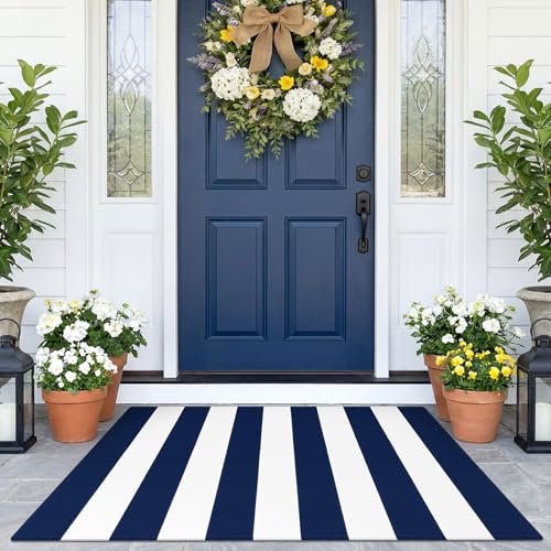 KOZYFLY Striped Rug 2.3x3.6 ft Navy White Front Door Rugs Cotton Woven Washable Indoor Outdoor Rug for Entryway Porch Kitchen Patio Decor Striped Layered Doormats