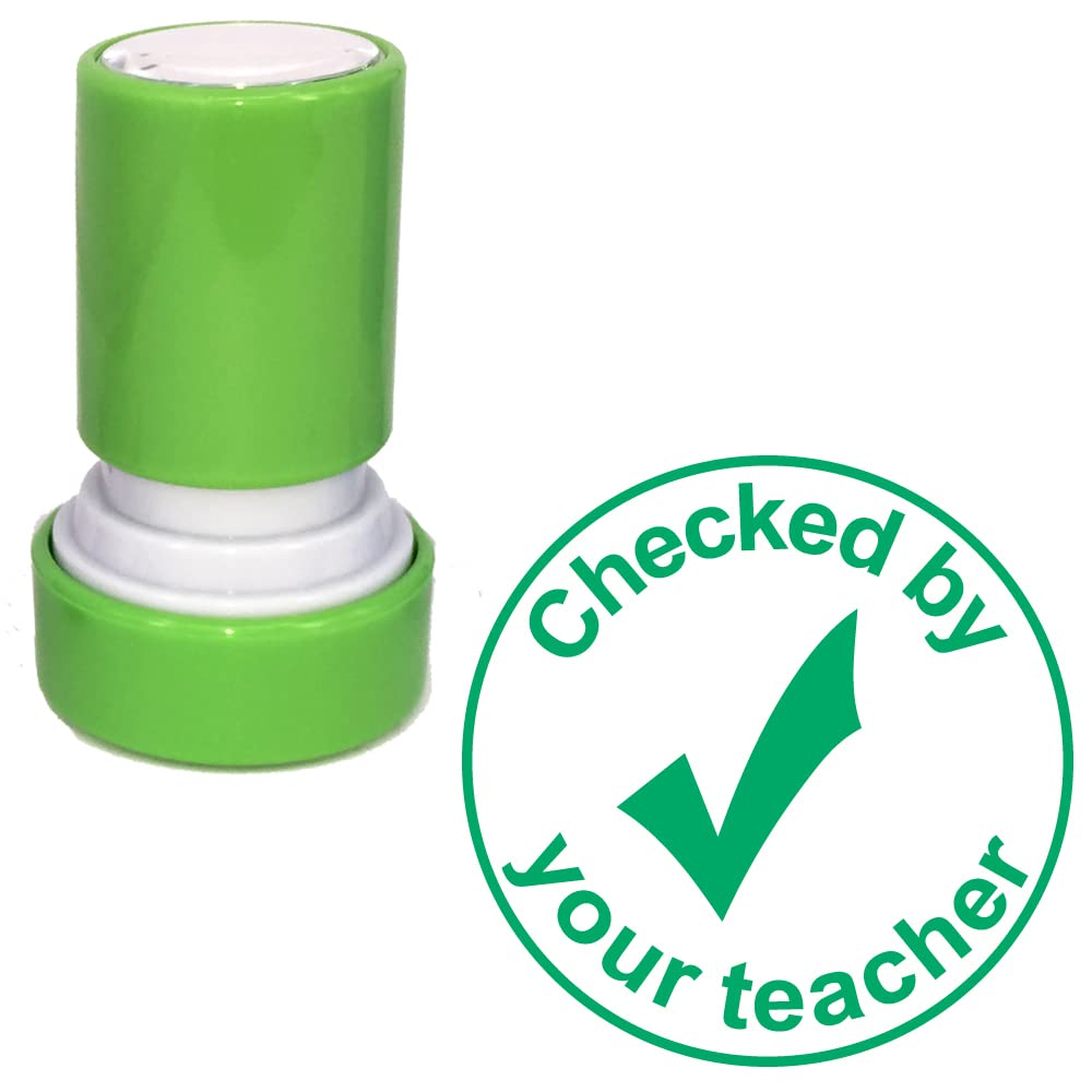 Classroom Capers Green Checked By Your Teacher Teacher Stamp. Self-Inking, 22Mm, Reinkable, Quality Stamper For Marking. Ink