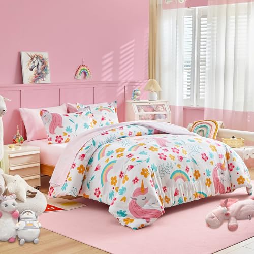 Girls Bed in a Bag Full Size White Unicorn Comforter Set with Rainbow Flower - Soft 6 Pcs Pink Bedding Set (1 Comforter 2 Pillow Shams 1 Flat Sheet 1 Fitted Sheet 2 Pillowcases)