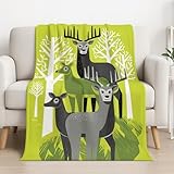 Illustration Einfach Wald Hirsch Decke 150cm x 200cm, Flanell Wohndecke Fleecedecke Flauschig für Sofa Couch, Zimmer Deko Geschenke, Warm und Leicht Sofadecken Kuschelig Weich Grün