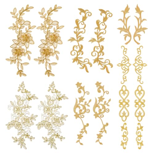 DICOSMETIC 16 Stück 8 Stile Goldblumen Applikationen Blumenstickerei Patch DIY Applikationen Zum Aufbügeln Nähen Handwerk Blumen Dekoration Für Abendkleid Hochzeitskleid Kleidung
