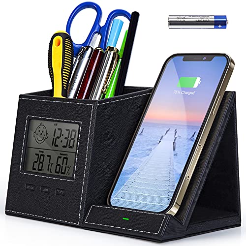 Suporte de caneta, organizador de caneta para mesa com carregador sem fio, termômetro digital interno e medidor de umidade, organizadores de mesa e armazenamento, organizadores multifuncionais de escritório em casa para mesa (bateria incluída)