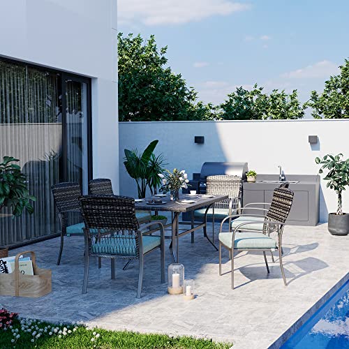 Pamapic Patio Dining Table Set, Garden Dining Set 7 Piece, Outdoor Wicker Furniture Set For Backyard Garden Deck Poolside/Iron Slats Table Top, Removable Cushions(Green) #TOP1