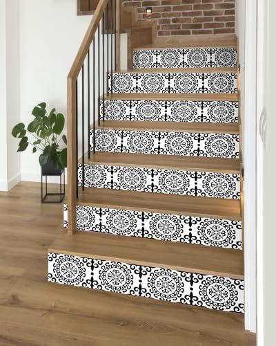 FLFK Decorative Stair Riser Decals Classical Black and White Damask Pattern Self-Adhesive Peel and Stick 39.3 x 7.08 Inches Set of 7 Indoor Home Decor