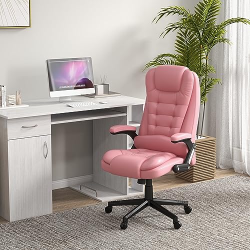 Image of HOMCOM High Back Vibration Massage Office Chair with 6 Vibration Points, Heated Reclining PU Leather Computer Chair with Armrest and Remote, Pink