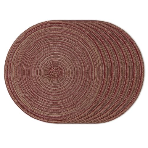 Topotdor Round Placemats Set of 6,Washable Woven Table Mats,Burgundy Red