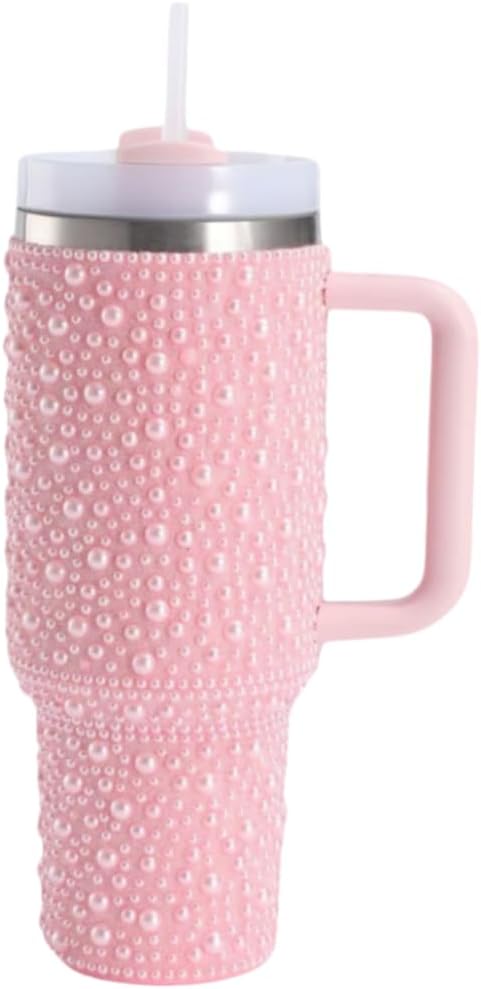 Pearls Bling 40 oz Tumbler with Handle and Straw | Rhinestones 100% Leakproof Stainless Steel Insulated Tumbler with Lid and Straw | Cup Holder Friendly Base -Purple