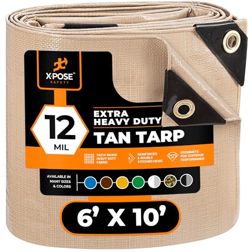 Heavy Duty Tan Poly Tarp 6 X 10 - Multipurpose Protective Cover - Durable Waterproof Weather Proof Rip and Tear Resistant - Extra Thick 12 Mil Polyethylene - by Xpose Safety