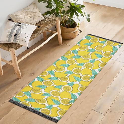 SUKAU フロアマット レモン柄 廊下 ラグ 洗える 60X180cm キッチンマット 滑り止め ロングマット 玄関マット 年中使える