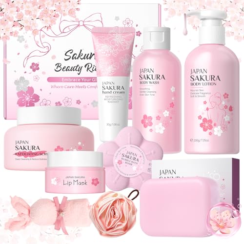 9Pcs Sakura Body Bath Sets for Women Gift with Body Wash, Lotion, Soap, Bath Bomb, Scrub, Hand Cream & Lip Mask, Travel Essentials Skincare for Women Girls