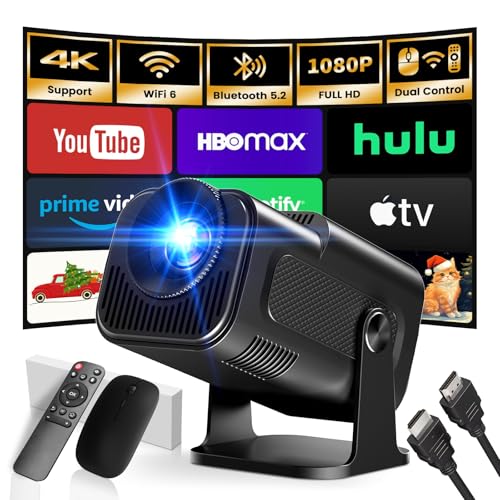 Image of Mini Projector 2025 Upgraded Dual Control 1980x1080P 4K Support Portable Video Projector WiFi 6 BT5.2 180° Keystone Compatible with TV Stick/Memory Stick/Smartphone/USB/Laptop, Black