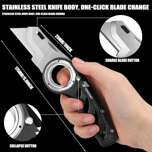 Image of Tondiamo 2 Pcs Folding Pocket Utility Knife Heavy Duty Box Cutter Folding Razor Knife with Anti Slip Finger Loop Easy Change Blades 3 Lock Positions Design (Black)
