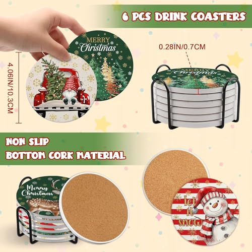 Image of Christmas Coasters Set of 6 with Metal Holder, Round Cork Drink Coasters, Santa Snowman Reindeer Tree Design, 4 Inch, Holiday Table Decor