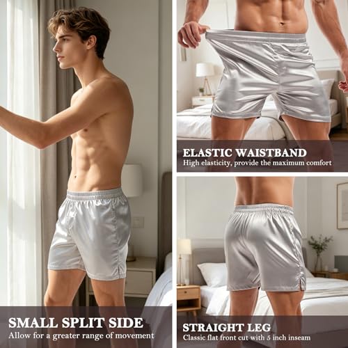 Image of AMY COULEE Mens Satin Boxer Shorts Silky Lightweight Pajama Bottoms Split Side Lounge Sleep Shorts