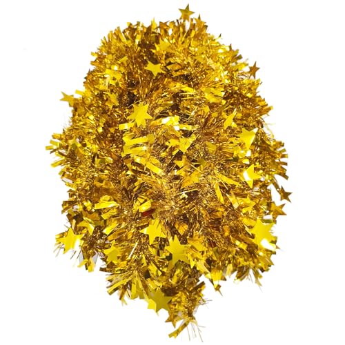 AMLOOPH Gold Tinsel 10m Thick Gold Tinsel Garland For Christmas Tree Decorations Chunky Christmas Tinsel With Star Garland For Stairs Ceiling Door Xmas Home Decoration