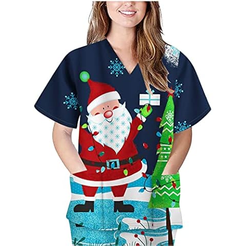 Christmas Scrub Top for Women Nurse Scrub Shirt Short Sleeve Christmas Costume Scrub Working Uniform V-neck Holiday Tops T Shirt (Dark Blue, XXL) Cover