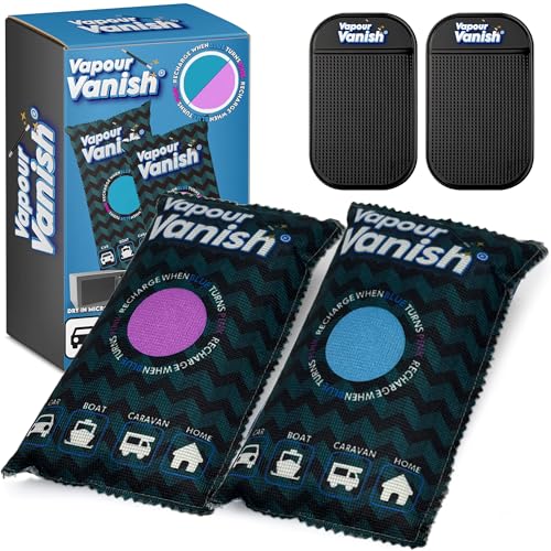 VapourVanish Reusable Dehumidifier Bags - Car Dehumidifier Moisture Absorber With Dashboard Anti-Slip Mats Rechargeable Silica Gel Interior Dehumidifiers Eliminates Foggy Windscreen - Home Wardrobe