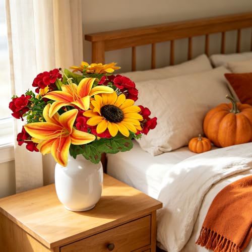 Image of Artificial Fall Flower Faux Sunflower 13.8 inch Fake Lily Silk Flower