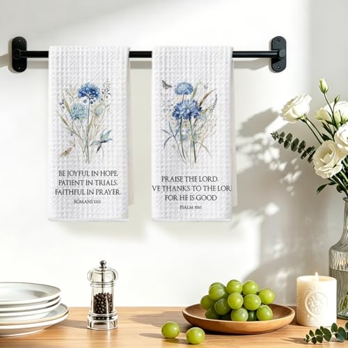 Image of 2 Pcs Bible Christian Kitchen Towels 24x14 Inch, Floral Decorative Reusable Dish Towels for Kitchen Bathroom Decor, Waffle Weave Absorbent Hand Cloth Tea Towel, Inspirational Christian Gifts for Women