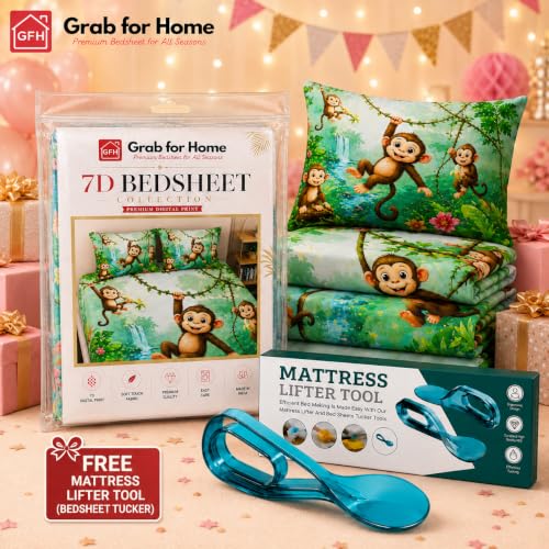 Image of Grab for Home 7D Digital Printed Kids Double Bedsheet Set with Free Bedsheet Tucker | 90 x 100 Inch | Cloud Cotton Soft & Breathable Fabric | Colorful Bedding for Kids Room