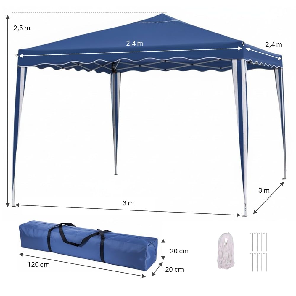 Carpa Cenador Gazebo Plegable 3 x 3 m Azul | Mejores Tubos de Acero de Alta Resistencia Plegables, Antiviento, Protección UV, Bolsa de Transporte| para Playa, Camping, Jardín, Terraza, Exteriores