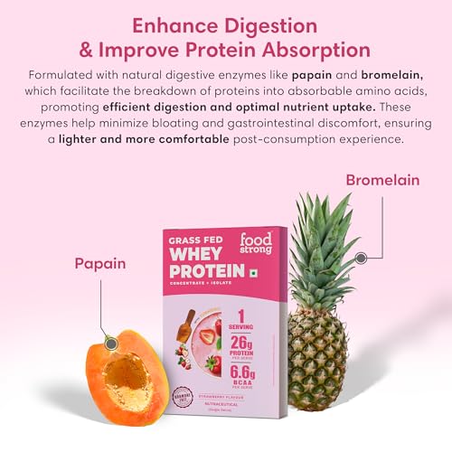 Image of Foodstrong Whey Protein Powder (Concentrate + Isolate), 100% Hormone Free Grass-Fed Whey, 26G Protein & 6.6G BCAA, Strawberry, With Turmeric & Digestive Enzymes, 35G