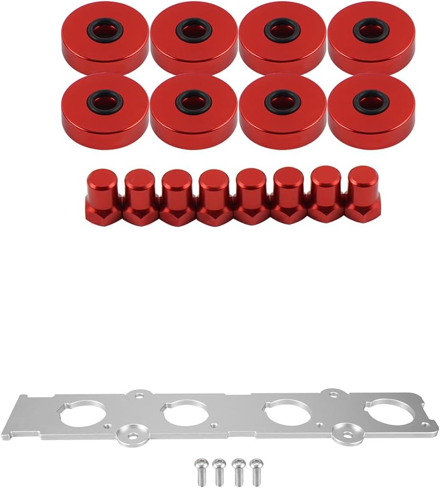 Bevinsee 16PCS Valve Cover Washer Seals Bolt Nuts Kit and VTEC Coil On Plug COP Adapter Plate Compatible with Honda B series B16 B18 VTEC Engines Red & Sliver