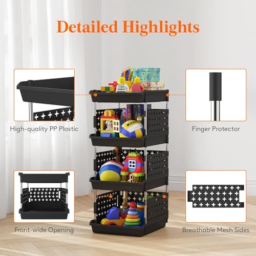 Image of JD Fresh 4 Tier Plastic Storage Drawer Organizer /Stackable Kitchen Organiser Rack /Breathable Design Shelf Storage Stand /Multipurpose Storage Rack for Kitchen, Office, kids room and Pantry (Black)