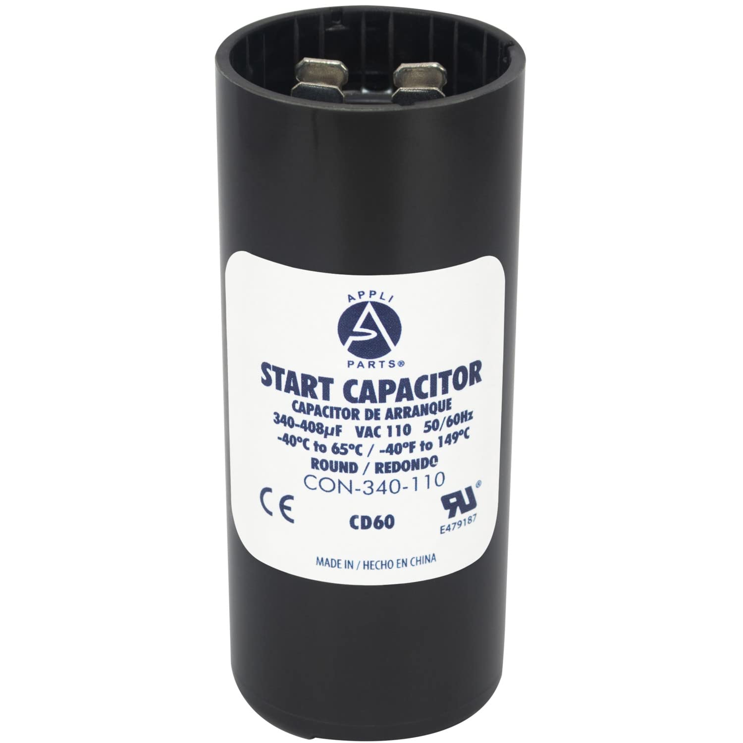 Appli Parts Motor Start Capacitor 340-408 Mfd (microfarads) uF 110-125 VAC Universal fit for Electric Motor Applications 1-7/16 in Wide 3-3/8 in Height CON-340-110