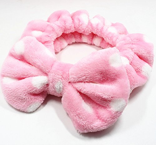 Flying Beauty Super Cute Elastic Hairband Bowknot Cosmetics Towel Headband for Washing Face and Makeup Soft Fluffy Colorful (Pink White Dots)
